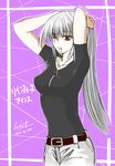  adjusting_hair belt breasts covered_nipples leoheart long_hair lyrical_nanoha mahou_shoujo_lyrical_nanoha mahou_shoujo_lyrical_nanoha_a's medium_breasts mouth_hold pants red_eyes reinforce shirt silver_hair solo 