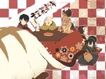  3boys 3girls aang appa avatar:_the_last_airbender avatar_(series) bald black_hair checkered checkered_background chibi dark_skin dragon eating facial_mark flower food fruit hair_flower hair_ornament japanese_clothes katara kimono knknknk kotatsu looking_back momo_(avatar) multiple_boys multiple_girls nickelodeon open_mouth orange pillow scar sleeping smile sokka suki table tatami toph_bei_fong updo zuko 