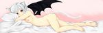  1girl animal_ears bat_wings blush cat_ears cat_tail flat_chest high_school_dxd looking_at_viewer lying nipples nude on_stomach pillow pillow_hug short_hair sideways solo tail tenyoshi_(briansept) toujou_koneko white_hair wings yellow_eyes 