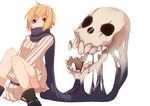  1girl androgynous belt blonde_hair boots fuurin_(omaemona) mina_harker_(fuurin) original red_eyes scarf short_hair sitting skull sleeves_past_wrist sleeves_past_wrists solo 
