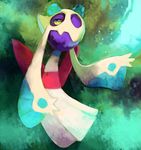  creature floating froslass full_body gen_4_pokemon ghost glitchedpuppet green_background highres looking_up no_humans pokemon pokemon_(creature) signature solo yellow_sclera 