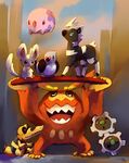  bad_deviantart_id bad_id bird blitzle commentary crocodilian darmanitan full_body gen_5_pokemon glitchedpuppet highres holding_up klink looking_up minccino munna no_humans pidove pokemon pokemon_(creature) sandile signature standing tray 