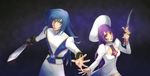  1boy 1girl atwight_eks belt blue_hair breasts dymlos_timber green_eyes hat highres long_hair open_mouth purple_hair red_eyes skirt sword tales_of_(series) tales_of_destiny tales_of_destiny_2 thighhighs weapon 