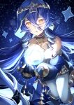  1girl absurdres bare_shoulders black_gloves blue_hair blue_hood bright_pupils commentary_request detached_sleeves drill_hair drill_sidelocks floating full_body genshin_impact gloves gold_choker gold_footwear hair_between_eyes highres layla_(genshin_impact) long_hair looking_at_viewer open_mouth pantyhose pointy_ears puffy_sleeves sidelocks sky solo star_(sky) starry_sky twin_drills twintails very_long_hair watatai white_pantyhose white_pupils yellow_eyes 