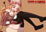  1girl bare_shoulders blonde_hair blush breasts brown_background character_name cleavage gloves hat karina_lyle long_hair open_mouth red_eyes skirt tears thighhighs tiger_&amp;_bunny title_drop torn_clothes 