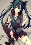  aqua_eyes aqua_hair hatsune_miku long_hair looking_at_viewer rei_(pixiv_187780) shoes single_thighhigh skirt solo thighhighs twintails vocaloid 