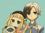  1boy 1girl animal aqua_eyes blue_background brown_hair cat coat elle_mel_martha long_hair ludger_will_kresnik lulu_(tales) lulu_(tales_of_xillia_2) multicolored_hair necktie short_hair tales_of_(series) tales_of_xillia tales_of_xillia_2 twintails 