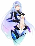  android armor black_gloves blue_hair breasts center_opening crotch_zipper expressionless gloves headpiece kamemushi kos-mos kos-mos_ver._3 long_hair looking_away medium_breasts midriff navel red_eyes simple_background sketch solo thigh_gap turtleneck white_background xenosaga xenosaga_episode_iii zipper 