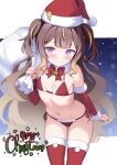  1girl absurdres anya_melfissa bell bikini blush brown_hair christmas detached_sleeves flat_chest fur-trimmed_headwear fur-trimmed_legwear fur-trimmed_thighhighs fur_trim hat highres hololive hololive_indonesia long_hair looking_at_viewer merry_christmas multicolored_hair purple_eyes raikkonen sack santa_costume santa_hat side-tie_bikini_bottom simple_background smile solo streaked_hair swimsuit thighhighs two_side_up virtual_youtuber 
