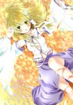  autumn autumn_leaves bad_id bad_pixiv_id blonde_hair blush breasts center_opening detached_sleeves frog_hair_ornament from_above hair_ornament hair_tubes highres kochiya_sanae looking_at_viewer lying medium_breasts midriff neck_ribbon nogi_takayoshi on_back on_ground open_mouth ribbon skirt smile snake solo touhou wide_sleeves yellow_eyes 