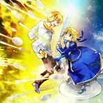  1girl :&lt; artoria_pendragon_(all) blonde_hair blue_eyes bracelet casual dish dress fate/zero fate_(series) fork gate_of_babylon gilgamesh greaves green_eyes hair_ribbon hands_in_pockets imme_111 jewelry knife necklace open_mouth plate red_eyes ribbon saber short_hair smile spoon 