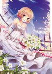  bare_shoulders blush bouquet bridal_veil brown_eyes brown_hair cloud dress elbow_gloves flower formal gloves hair_flower hair_ornament hanasaku_iroha highres lily_(flower) magi_majo matsumae_ohana open_mouth short_hair sky smile solo strapless strapless_dress veil wedding_dress 