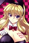  animal_ears blonde_hair body_writing breasts bunny_ears bunny_girl bunnysuit checkered checkered_background detached_collar fake_animal_ears gloves large_breasts long_hair looking_at_viewer new_year purple_eyes solo touhou touya_(the-moon) upper_body white_gloves yakumo_yukari 