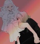  2girls between_toes black_robe blue_eyes blush braid brown_hair closed_eyes closed_mouth commentary_request crown_braid final_fantasy final_fantasy_xiv fingers_between_toes flffy11 gradient_background half_updo highres holding_another's_foot kissing_thigh korean_commentary long_hair long_sleeves mask mask_around_neck multiple_girls pink_background robe short_hair sophist's_robe_(ff14) venat_(ff14) warrior_of_light_(ff14) white_hair white_robe yuri 