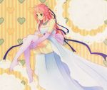  1girl adult bare_shoulders bloomers breasts chelsea_torn dress elbow_gloves flower gloves green_eyes jewelry long_hair necklace older pink_hair tales_of_(series) tales_of_destiny thighhighs underwear yabuki_haru 