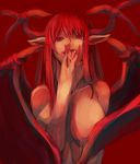  bat_wings between_fingers breasts covering dearmybrothers fangs head_wings highres huge_breasts koakuma long_hair nude pointy_ears red red_eyes red_hair sexually_suggestive slit_pupils solo tongue touhou upper_body wing_censor wings 