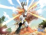  1girl arm_up armor axe bandeau blue_sky brown_bandeau brown_skirt cloud copyright_notice explosion full_body genetic_(ragnarok_online) gloves green_hair grey_thighhighs guest_art holding holding_axe lens_flare logo mecha mecha_focus official_art official_wallpaper open_mouth outdoors pauldrons pile_bunker ragnarok_online robot shiba_kiriko short_hair shoulder_armor skirt sky smoke standing thighhighs tree white_gloves 