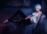  bare_shoulders barefoot blue_eyes breasts cigarette cleavage couch covered_nipples fate/zero fate_(series) feet gun handgun itori_(clarice_note) lips medium_breasts natalia_kaminski navel off_shoulder open_fly panties pants pistol realistic short_hair sitting smoking solo underwear unzipped vest weapon white_hair 