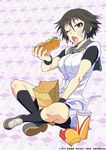  artist_request bag black_legwear breasts cup drinking_straw eating food hot_dog kneehighs large_breasts medaka_box official_art one_eye_closed open_mouth paper_bag school_uniform shoes short_hair skirt solo yatsushiro 