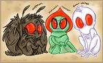  alien ambiguous_gender antennae avian baby big_eyes brown brown_feathers chest_tuft cryptid cryptozoology cute dover_demon feathers flatwoods_monster fur green green_body hair looking_at_viewer monster mothman oneeyedrobot plain_background red_eyes tuft white white_fur young 