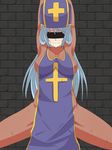  aozora_soda areola areolae arms_up blindfold blue_hair blush bodysuit breasts chunsoft cross dragon_quest dragon_quest_iii enix erect_nipples hat highres priest_(dq3) sweat thighs 
