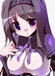  akemi_homura alternate_breast_size black_hair blush breasts cleavage covered_nipples hairband large_breasts long_hair long_sleeves magical_girl mahou_shoujo_madoka_magica miuku_(marine_sapphire) purple_eyes ribbon solo sweat 