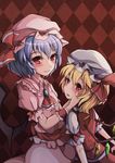  argyle argyle_background flandre_scarlet grasspainter hand_on_another's_cheek hand_on_another's_face highres light_smile multiple_girls remilia_scarlet slit_pupils touhou 