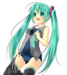  aqua_eyes aqua_hair hanamiya_natsuka hatsune_miku highres long_hair necktie one-piece_swimsuit school_swimsuit solo swimsuit swimsuit_under_clothes thighhighs undressing vocaloid 