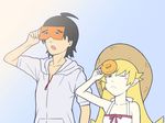  1girl araragi_koyomi black_hair blonde_hair doughnut food glasses hat hood hoodie jacket monogatari_(series) nisemonogatari one_eye_closed oniyan oshino_shinobu pointy_ears short_hair sun_hat yellow_eyes 