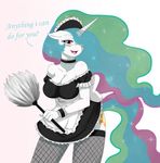  blush breasts clothing cutie_mark dialogue english_text equine female friendship_is_magic hair horn horse long_hair looking_at_viewer maid maid_uniform multi-colored_hair my_little_pony plain_background pony princess_celestia_(mlp) solo stockings tezt unicorn 