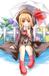  ascot blonde_hair boots fang fence flower hood hydrangea open_mouth raincoat red_eyes red_footwear ribbon rubber_boots rumia shirt short_hair sitting skirt smile solo touhou umbrella vest yuuhagi_(amaretto-no-natsu) 