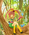  1girl animal boots chelsea_torn choker eyes_closed forest gloves long_hair midriff nature open_mouth pink_hair tales_of_(series) tales_of_destiny 