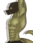 absurd_res animal_humanoid anthro bodily_fluids claws clip_studio_paint_(artwork) digital_drawing_(artwork) digital_media_(artwork) enoxarts green_body hi_res humanoid male mask mortal_kombat mortal_kombat_x netherrealm_studios red_eyes reptile reptile_(mortal_kombat) reptile_humanoid scalie scalie_humanoid sharp_teeth solo stretching sweat teeth wearing_mask