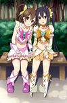  black_hair boots bow brown_eyes brown_hair choker cosplay crop_top cure_dream cure_dream_(cosplay) cure_sunshine cure_sunshine_(cosplay) heartcatch_precure! high_heels highres hirasawa_yui k-on! knee_boots kotera_(koterabyte) midriff multiple_girls nakano_azusa navel orange_choker precure shoes yellow_bow yes!_precure_5 yuri 