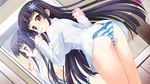  ass black_hair blush brushing_teeth cup hair_ornament indoors long_hair long_sleeves looking_back midorikawa_suiko mirror nekoneko_soft panties red_eyes shiny shiny_skin solo striped striped_panties tsukasa_yuuki underwear yukiiro 