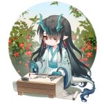  1girl aqua_hair arknights black_hair border chibi chibi_only chinese_commentary closed_mouth colored_extremities commentary_request dragon_girl dragon_horns dragon_tail dusk_(arknights) earrings full_body hagoita hair_over_one_eye highres holding holding_paintbrush horns ink japanese_clothes jewelry jianbing_guozi kimono long_hair long_sleeves looking_down multicolored_hair open_clothes orange_eyes outside_border paddle paintbrush painting_(action) pointy_ears round_border scroll sitting solo streaked_hair tail white_border white_kimono wide_sleeves 