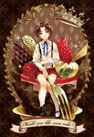  blue_eyes brown_hair cake child crown fate/zero fate_(series) food fork fruit highres male_focus matsuo_shin ribbon shorts solo strawberry suspenders toosaka_tokiomi younger 