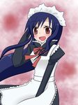  apron blue_hair blush breasts brown_eyes dress frills long_hair maid maid_apron maid_headdress marian open_mouth tales_of_(series) tales_of_destiny 