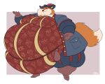 absurd_res anthro bag belly belly_overhang belt belt_buckle big_belly boots buckle canid canine cavalier_hat chubby_cheeks classy clothed clothing dipstick_tail double_chin elaborate_clothing footwear fox fur gloves handwear hat hat_feather headgear headwear hi_res huge_belly jangleforks loose_feather male mammal markings moobs morbidly_obese morbidly_obese_anthro morbidly_obese_male obese obese_anthro obese_male orange_body orange_fur overweight overweight_anthro overweight_male quincy_starvos shoes smile smirk solo standing tail tail_markings thick_thighs wide_hips