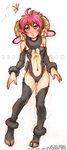  2009 animal_ears breasts faun female goat hair hooves horn neolucky red_eyes red_hair short skimpy solo standing 