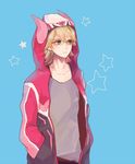  bad_id bad_pixiv_id barnaby_brooks_jr blonde_hair blue_background glasses green_eyes hands_in_pockets hood hoodie male_focus poco24 simple_background solo tiger_&amp;_bunny 