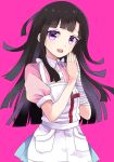  1girl apron bandage bandaged_arm bandages bangs black_hair blush breasts commentary_request danganronpa danganronpa_3 dot_nose eyebrows_visible_through_hair happy highres long_hair looking_at_viewer mako_dai_ni-dai medium_breasts mole mole_under_eye nurse open_mouth pink_background pink_shirt puffy_short_sleeves puffy_sleeves purple_eyes shirt short_sleeves simple_background skirt solo super_danganronpa_2 teeth tsumiki_mikan upper_body white_apron 