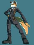  blue_eyes canine clothing fox hair male mammal pose ranged_weapon solid_background solo standing suzu_ice_cloud weapon 