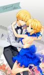  1girl alternate_costume arnoul artoria_pendragon_(all) blonde_hair bow bowtie breasts dancing dress fate/stay_night fate_(series) frilled_dress frills gilgamesh green_eyes hair_bun high_heels medium_breasts red_eyes saber shoes sideboob 