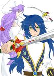  1boy 1girl atwight_eks belt blue_hair breasts dymlos_timber green_eyes hat long_hair purple_hair red_eyes sword tales_of_(series) tales_of_destiny tales_of_destiny_2 weapon 