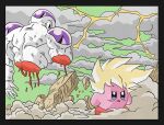  2boys blonde_hair blood colored_skin cosplay crossover dragon_ball dragon_ball_z electricity final_form_frieza floating_hair frieza highres kirby kirby_(series) looking_at_another medium_hair multiple_boys son_goku son_goku_(cosplay) spiked_hair super_saiyan super_saiyan_1 wesatinthecar white_skin 