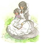  1girl apron black_hair blush book breasts brown_eyes cape dress leon_magnus long_hair lowres maid maid_apron marian open_mouth purple_eyes short_hair smile tales_of_(series) tales_of_destiny young younger 