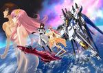  1girl breasts brown_hair cleavage dress earth gun gundam gundam_seed gundam_seed_destiny hair_ornament jpeg_artifacts kira_yamato lacus_clyne long_hair mecha medium_breasts military military_uniform nude official_art pink_hair short_hair sideboob space space_craft strike_freedom_gundam uniform weapon 