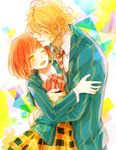  1girl blazer blonde_hair closed_eyes glasses happy hiyoyogi hug jacket nanami_haruka necktie one_eye_closed orange_hair plaid plaid_skirt school_uniform shinomiya_natsuki short_hair skirt smile uta_no_prince-sama yellow_eyes 