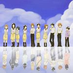  6+girls artist_request black_eyes black_hair brown_hair chiba_saori cloud day different_reflection doi_shinpei highres hourou_musuko kneehighs multiple_boys multiple_girls ninomiya_fumiya nitori_maho nitori_shuuichi oka_takanori reflection sarashina_chizuru sasa_kanako school_uniform seya_riku shirai_momoko skirt sky source_request takatsuki_yoshino 